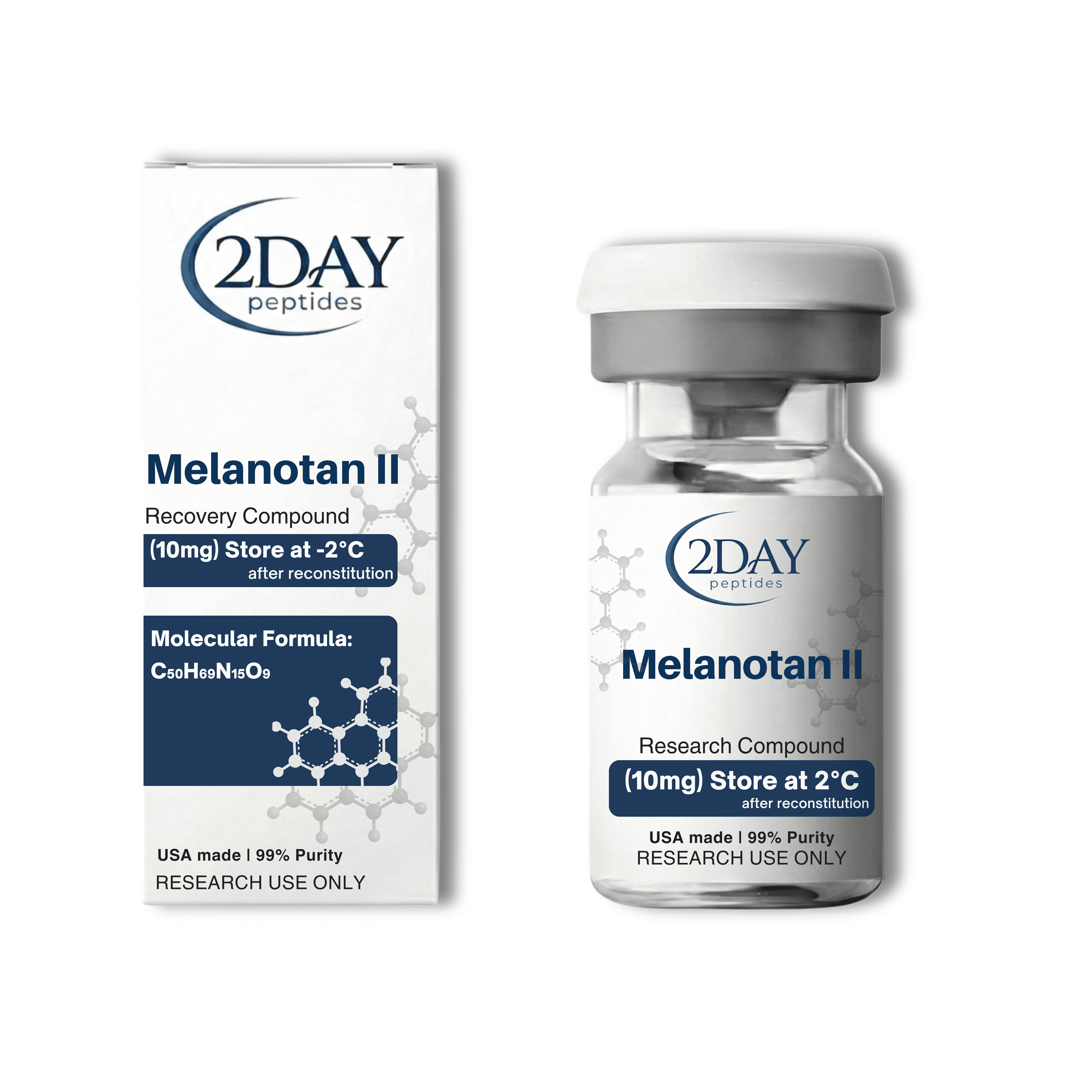 Melanotan II vial and packaging